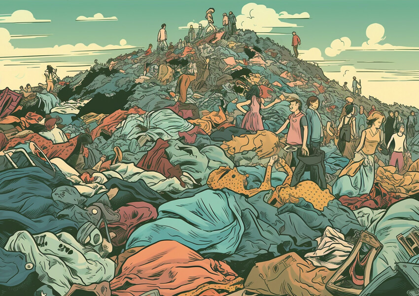 fast fashion clothing in landfill illustration