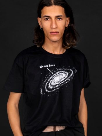 we're here t-shirt galaxy print science